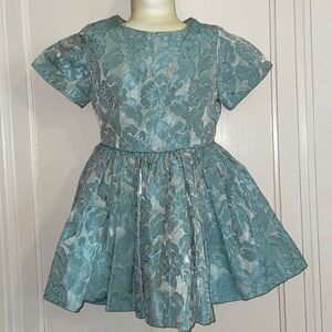 Vtg homemade/handmade aqua/turquoise brocade fit & flare dress‎ with crinoline